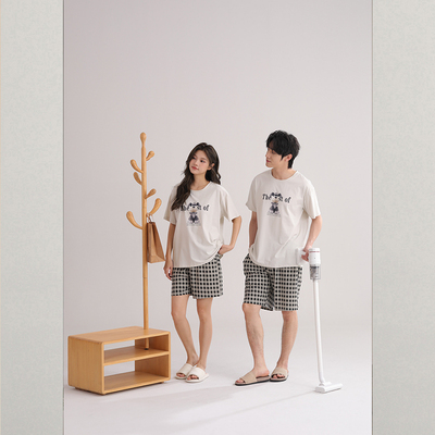 雅巧男22543女22544夏季情侣款短袖中裤卡通丝光纯棉家居服套装