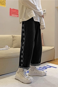21港风格子拼接秋季牛仔裤男女韩版潮流直筒九分裤子K108-P38
