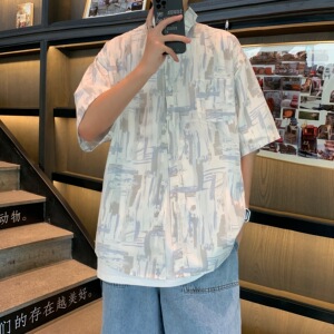 夏季薄款短袖衬衫男 港风冰丝清爽宽松休闲百搭衬衣C66图片