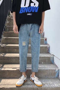 港风春夏季chic韩版破洞牛仔裤男潮流九分裤直筒小脚裤K402-P45