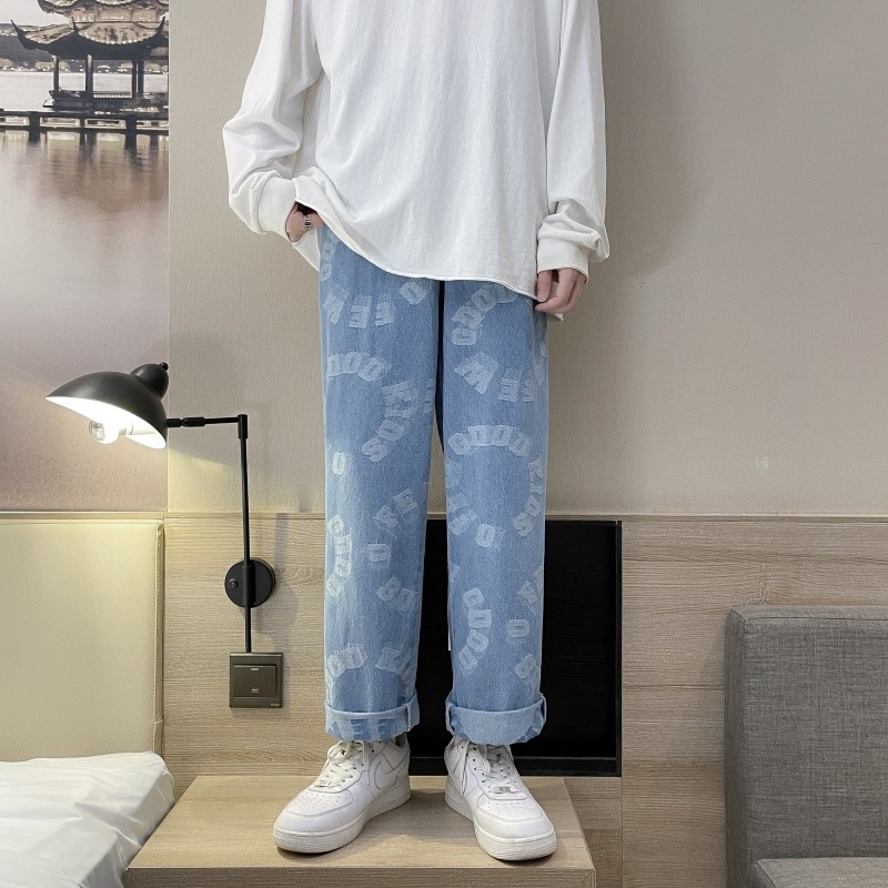 港风秋季印花拖地牛仔裤男 韩版休闲百搭直筒长裤子 N/图片