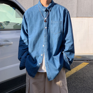 秋季潮流长袖牛仔衬衫男 港风宽松休闲百搭衬衣男CS07/图片