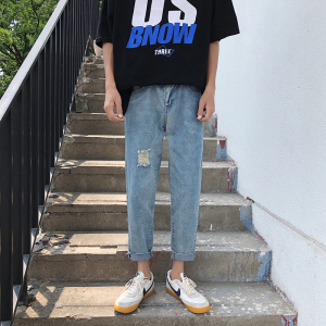 港风破洞牛仔裤男 休闲九分裤直筒毛边裤 K402/P45图片