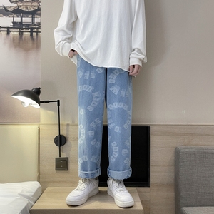 港风秋季印花拖地牛仔裤男 韩版休闲百搭直筒长裤子 N图片