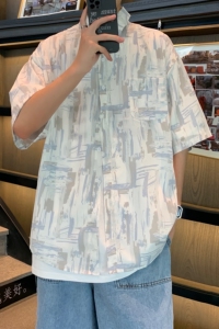 夏季薄款短袖衬衫男 港风冰丝清爽宽松休闲百搭衬衣C66图片