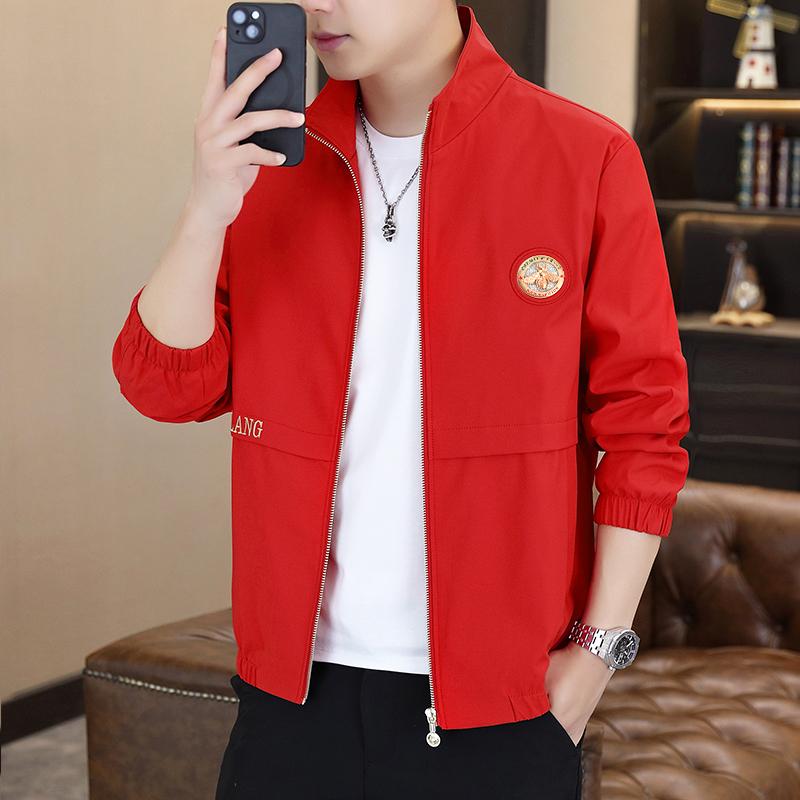 红色夹克潮牌立领春秋修身刺绣