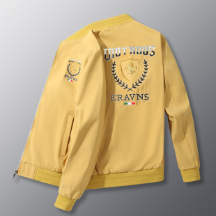 秋冬款黄色男士绿色加绒外套潮流帅气休闲彩色棒球服刺绣夹克上衣