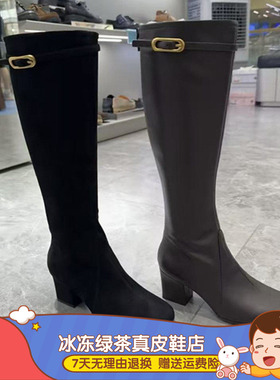 2025年秋冬新款伊芙琳棕色时装靴长靴高靴粗跟方头女皮靴EIA01DG5