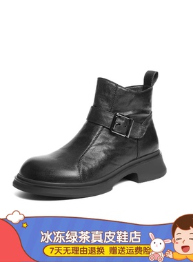 商场同款女鞋25新款黑巧靴抓皱时装靴加绒粗跟黑色休闲短靴E8P1D
