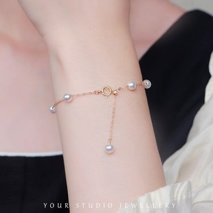 《满天星》正圆无暇施家珍珠美国14k包金手链可调节小灯泡气质款