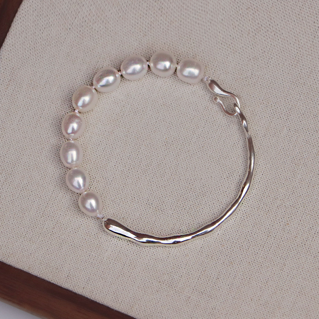 S925纯银纹理手镯半镯法式打结天然强光珍珠ins小众设计轻奢正品