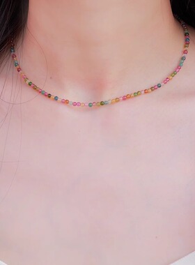 正品极细天然彩虹碧玺纯银925项链锁骨链祝福健康好运礼物女叠戴