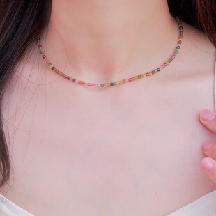 正品极细天然彩虹碧玺纯银925项链锁骨链祝福健康好运礼物女叠戴