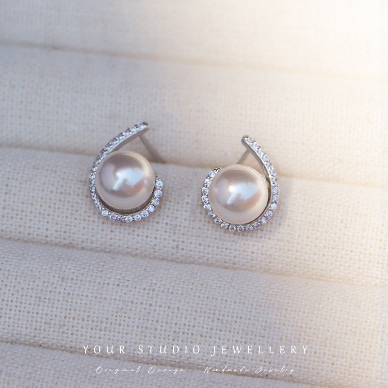 轻奢满钻镶嵌锆石珍珠耳钉纯银S925耳饰高级感极简优雅气质女礼物