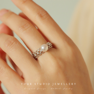 雕花蕾丝精工纯银925天然淡水珍珠戒指戒子可调节纯手工礼物女