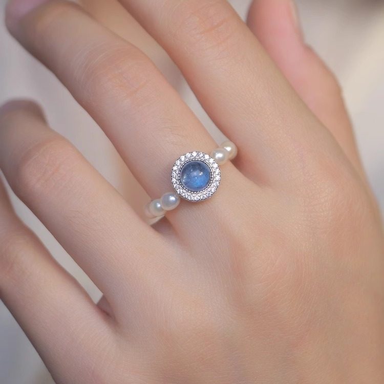 轻奢正品天然海蓝宝淡水珍珠纯银S925戒指有弹力礼物女戒子气质