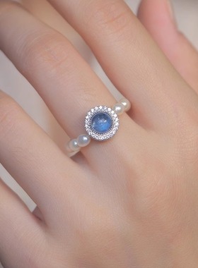 轻奢正品天然海蓝宝淡水珍珠纯银S925戒指有弹力礼物女戒子气质