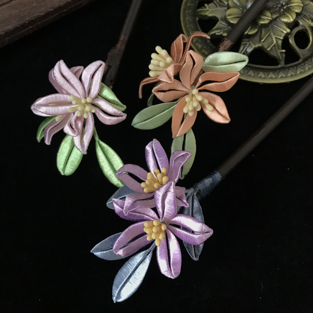 洛城古都 缠花成品并蒂花木簪百搭发饰日常盘发古风发簪汉服配饰