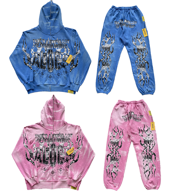 That's A Awful Lot of Cough Syrup火焰印花束脚长裤卫衣套装