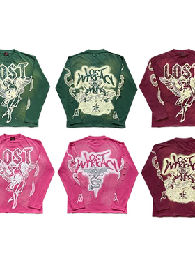 Lost intricacy 洗水复古风天使与魔鬼印花镶钻纯棉长袖T恤