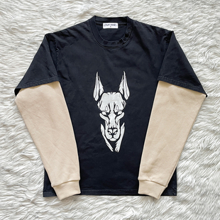 TUFF CROWD Tee 领口刺绣狗头印花假两件长袖T恤欧美潮