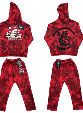 Hellstar Sports Tie Dye Hoodie pants红色扎染泼墨重工长裤卫衣