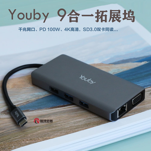 Youby 9合一拓展坞PD100W千兆网口4K高清SD3.0双卡同时读取USB3.0