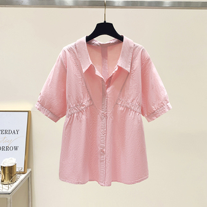 减龄上衣洋气减龄2024夏季新款女士短袖衬衫雪纺衬衣大码胖mm显瘦