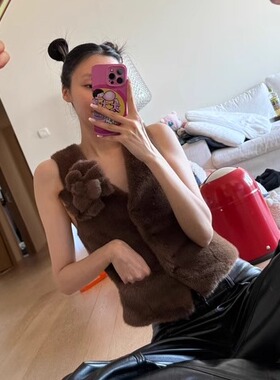 【MIMIHADID】Jennie同款环保皮草背心立体花朵仿紫狐貂