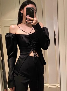【MIMIHADID】小心机挂脖衬衫露肩褶皱法式上衣