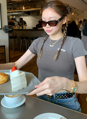 【MIMIHADID】短款华夫格短袖T恤印花纯棉漂亮时尚夏季女