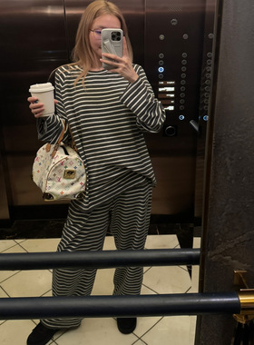 【MIMIHADID】新款秋冬条纹长袖卫衣长裤宽松休闲圆领百搭套装女