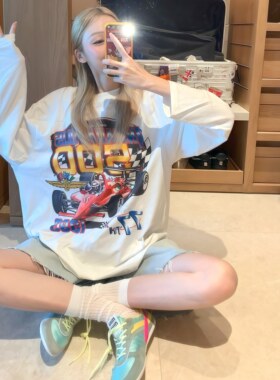 【MIMIHADID】赛车长袖T恤防晒服白色宽松双面卡通印花上衣夏季女