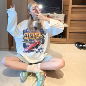 MimihadidMIMIHADID赛车长袖T恤防晒服白色宽松双面卡通印花上衣夏季女