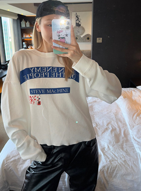 【MIMIHADID】秋冬新款潮流华夫格宽松印花男女白色长袖卫衣秋
