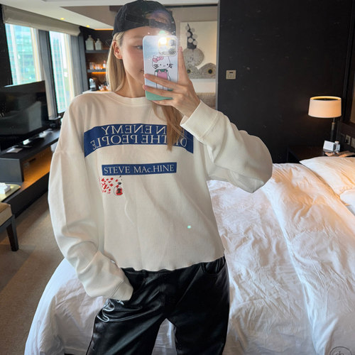 【MIMIHADID】秋冬新款潮流华夫格宽松印花男女白色长袖卫衣秋