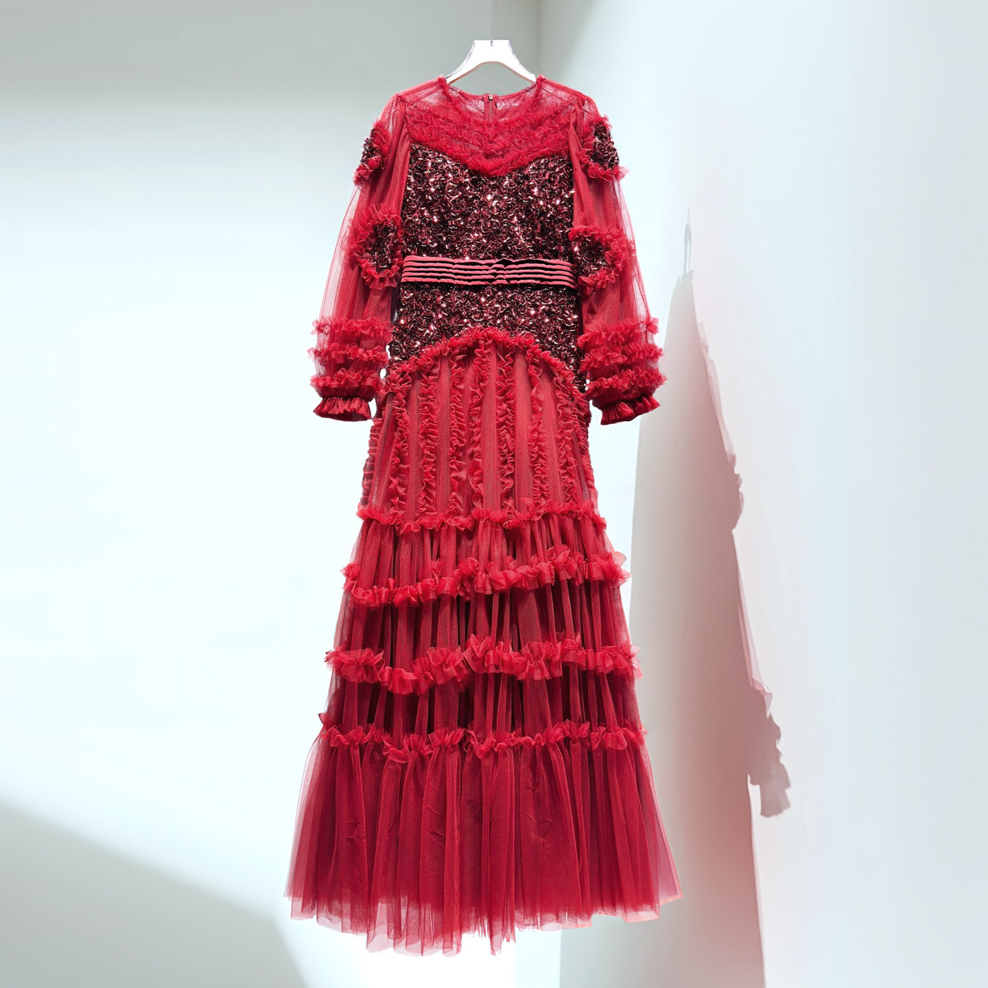 红色长袖连衣裙女过生日宴会日常可穿订婚小礼服网纱长款长裙子