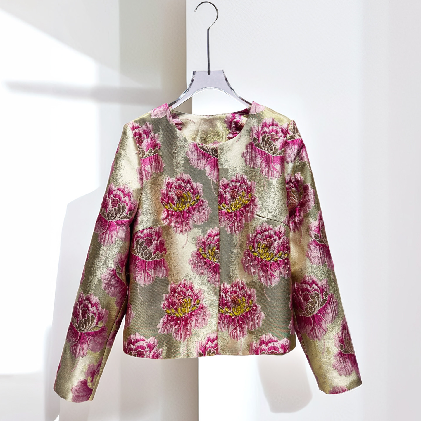 2025春秋女装新款上衣钉珠百搭新中式国风圆领牡丹花粉色短款外套,女装/女士精品,短外套,淘宝优惠券,粉丝福利购,淘宝优惠卷