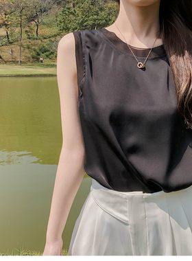 春夏外穿醋酸缎圆领拼雪纺宽肩背心宽松通勤西装内搭无袖打底小