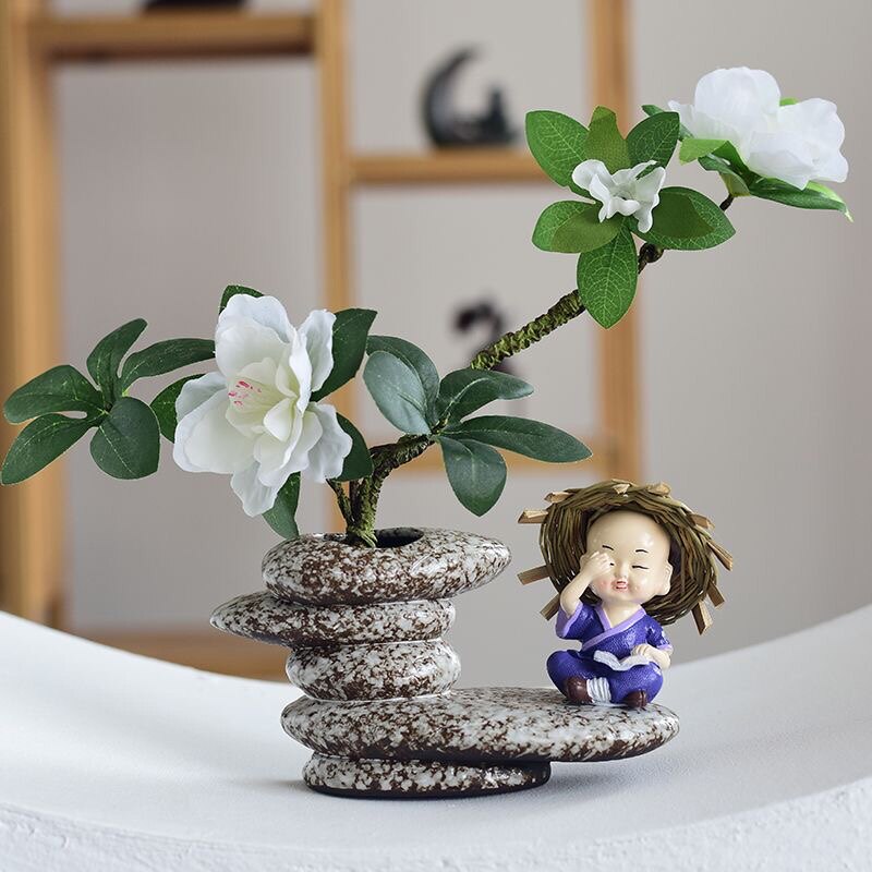 禅意小和尚仿真杜鹃牡丹装饰假花插摆件居家装饰花器绿植盆栽盆景