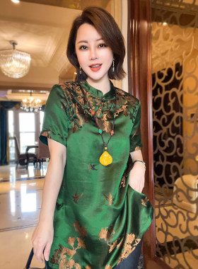 岑晨桑蚕丝新中式中长款衬衫女