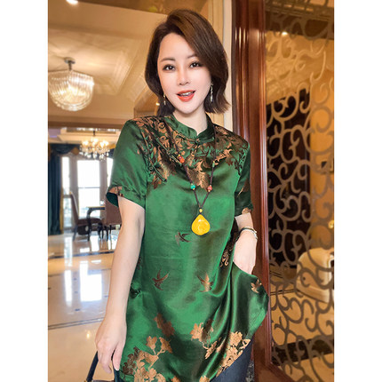 岑晨桑蚕丝老缎垂感高级中长款衬衫女新中式宽松气质上衣2026新款