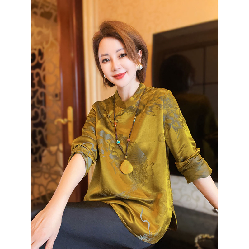 桑蚕丝斜襟暗纹提花新中式衬衫立领精致气质女装上衣25081625