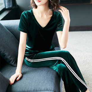 时尚套装夏季新款短袖金丝绒大码女韩版运动跑步休闲装两件套女装