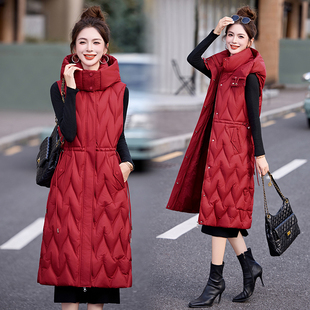 2025新款羽绒棉马甲女中长款过膝加厚保暖显瘦连帽坎肩秋冬季外套