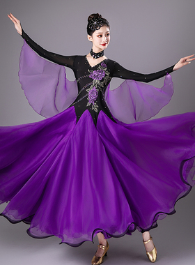 镶钻新款国标舞立体花朵华尔兹舞比赛服交谊舞服恰恰舞大摆连衣裙