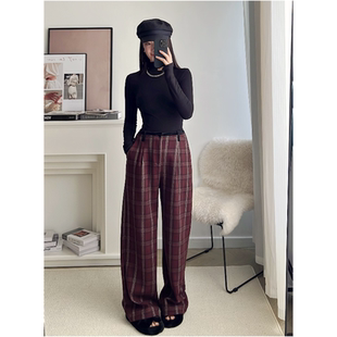 【复古格子裤】新款安可拉红格子裤女休闲宽松显瘦拖地裤直筒裤女