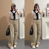 2026新款 老钱风高腰直筒弹力卡其色软牛仔 天丝卡其色牛仔裤
