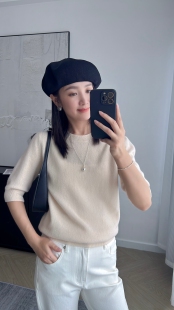 文希WENXI新款圆领法式宽松羊毛衫小众纯色短袖显瘦针织衫女打底