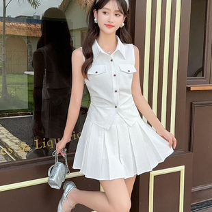 甜美少女夏天无袖衬衫高腰修身上衣小个子百褶短裙辣妹半身裙套装